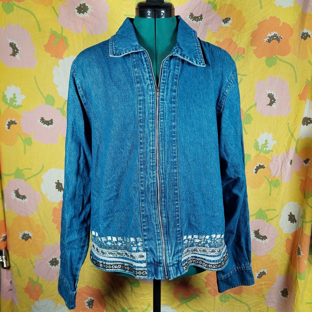 Agopo Y2K Blue Denim Zip Up Jacket Embroidered Hem Cotton Large